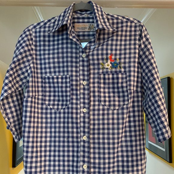 Helen Cerda Tops - Vintage  Helen Cerda Hand Embroidered Women's Blue and White Gingham Shirt
